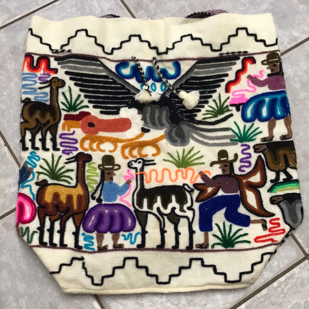 Vintage Folk Art wool embroidered backpack